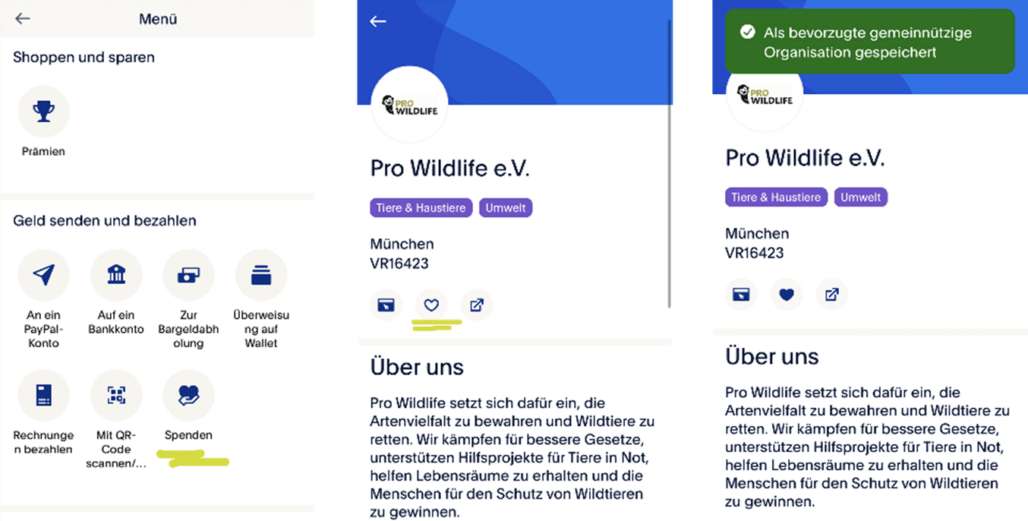 Pro Wildlife bei PayPal für Spenden auswählen